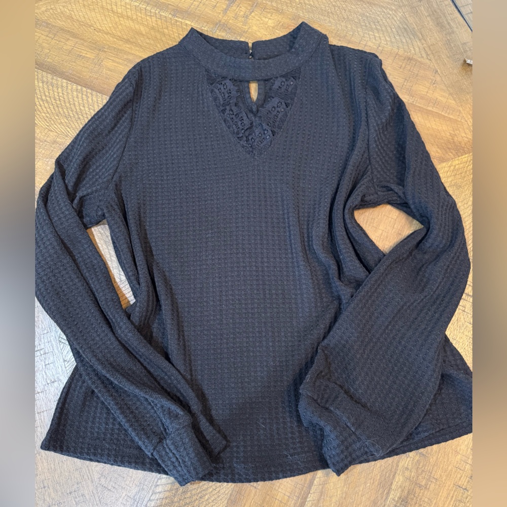 SHEIN Black Waffle Knit Lace Detail Long Sleeve Top